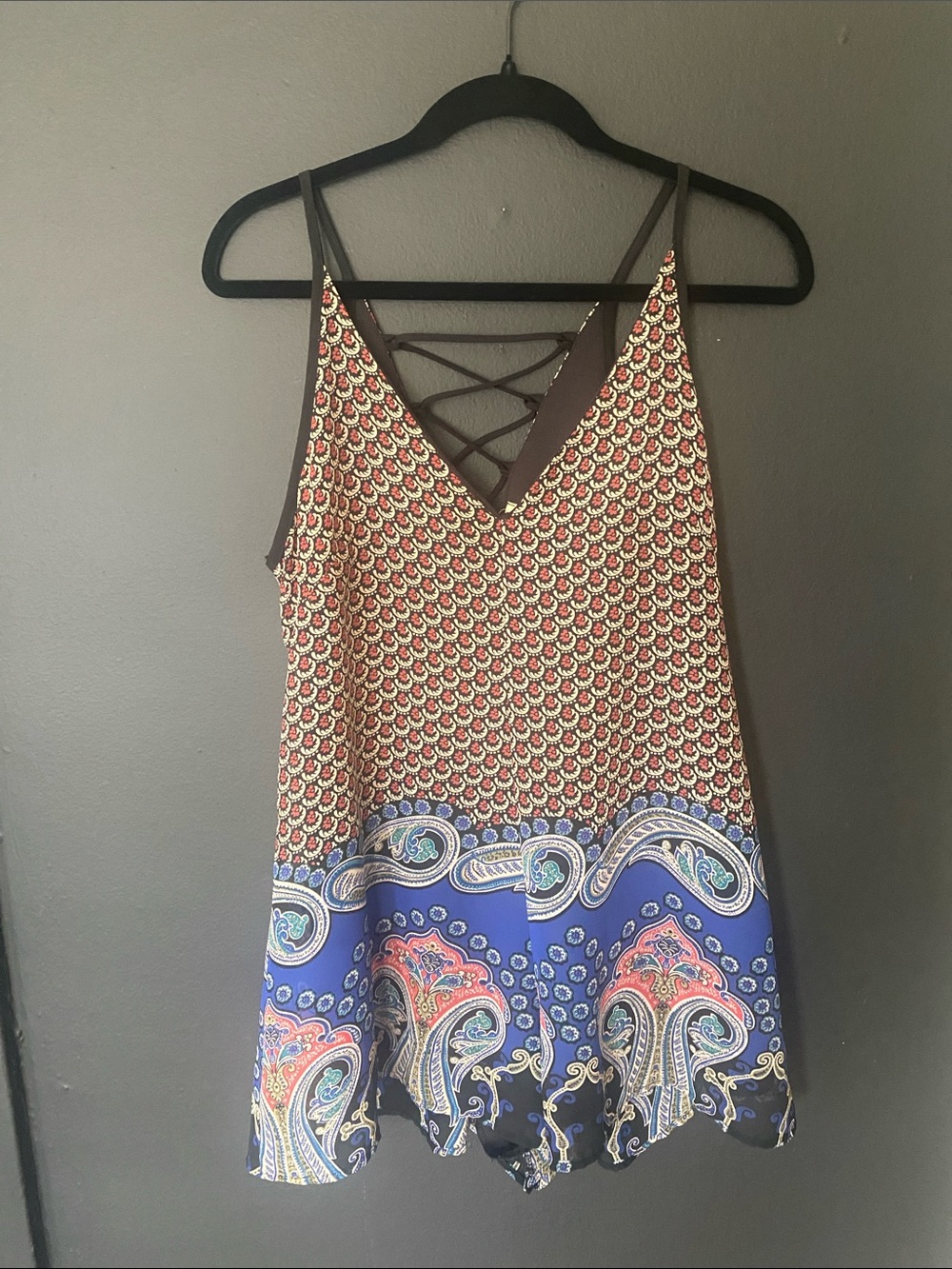 Boho Paisley Strappy Mini Dress Romper - Black, Burgundy, Cream
